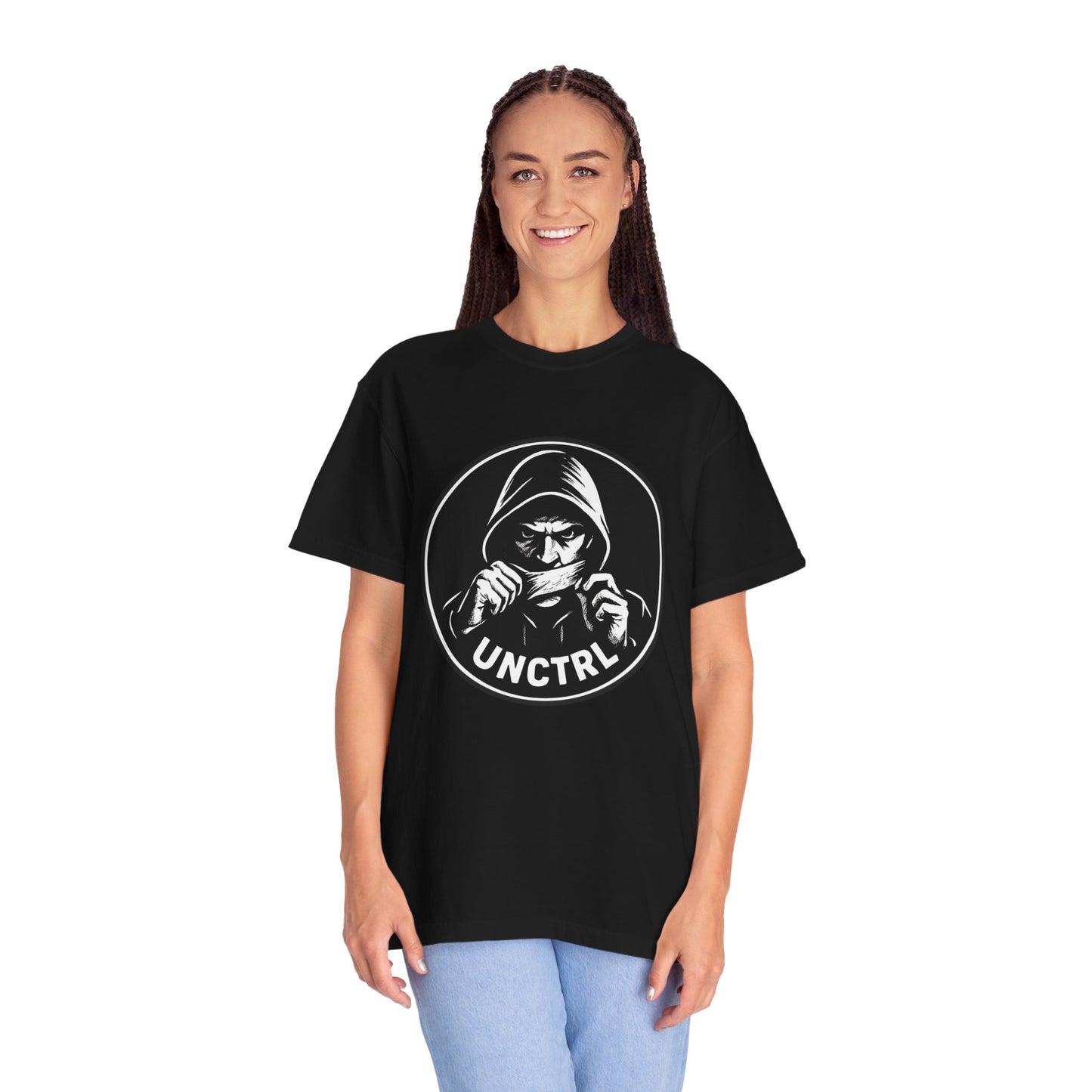 T-Shirt — 'UNCTRL' Hooded Figure Front / "Vote for a Carney, Get a Circus" Political Back