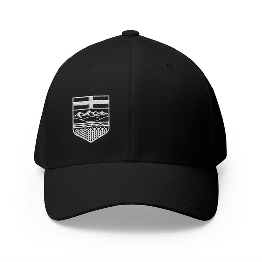 Embroidered Mountain Shield Cap — Minimal Outdoor Patch Hat