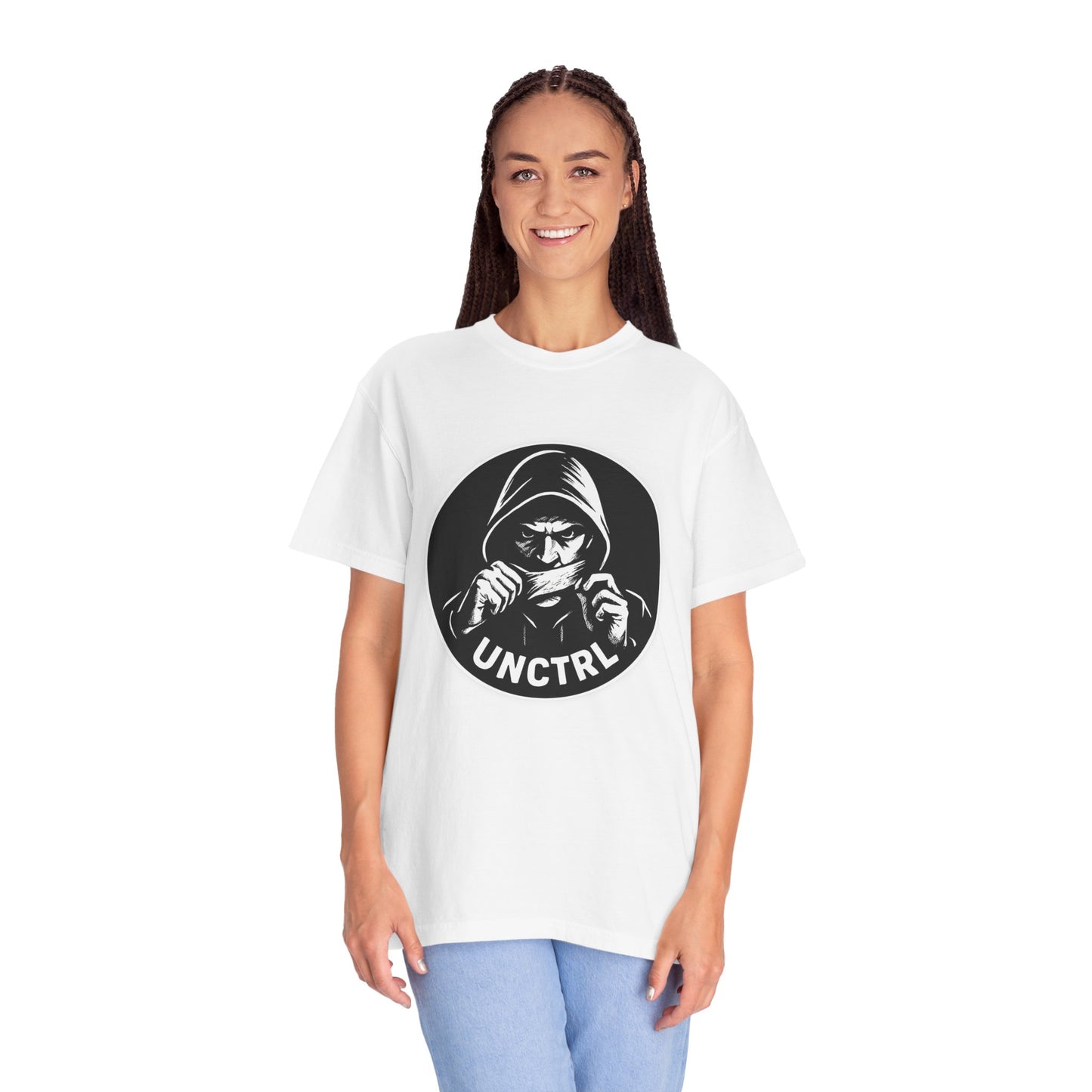 T-Shirt — 'UNCTRL' Hooded Figure Front / "Vote for a Carney, Get a Circus" Political Back